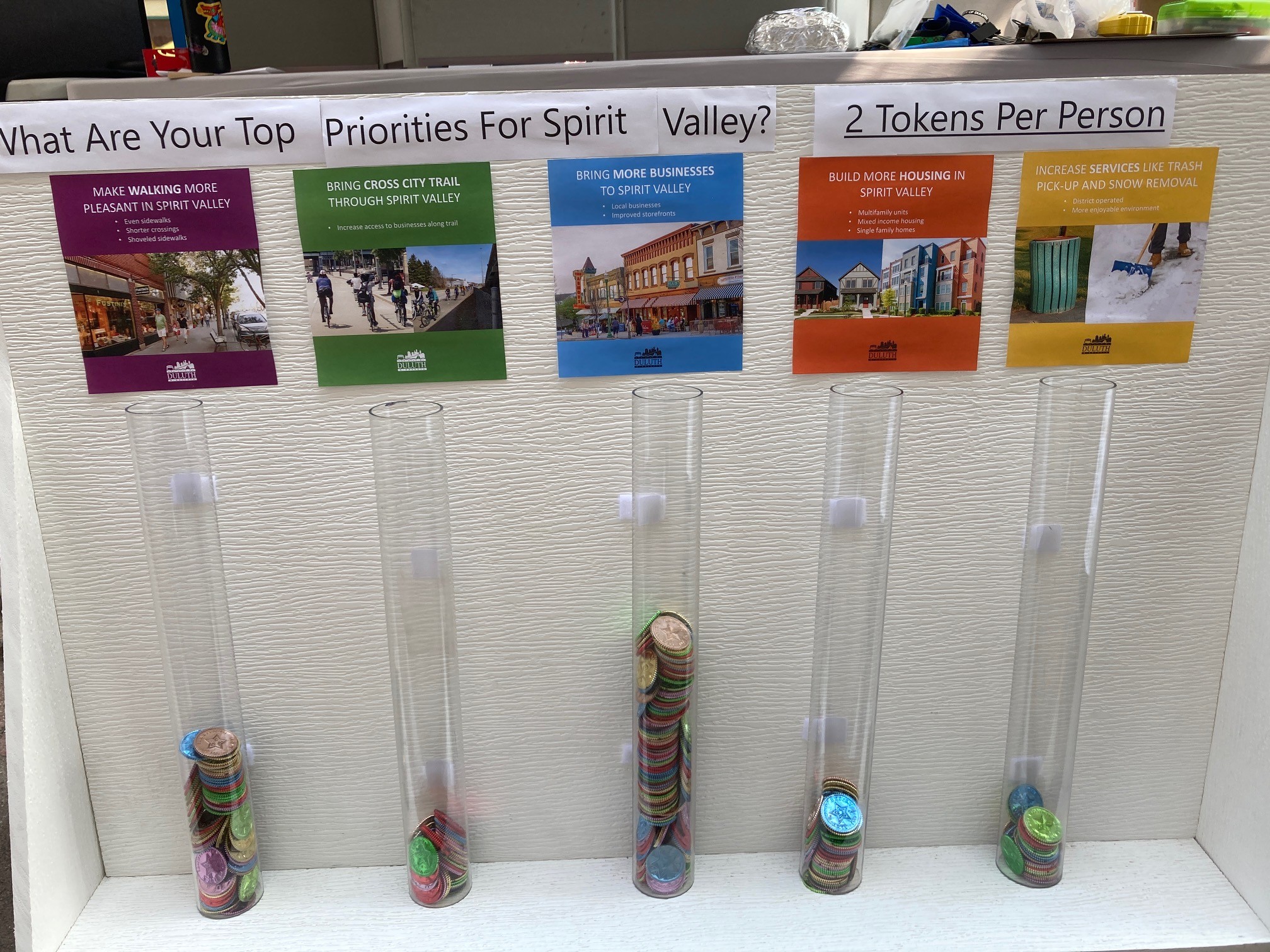 A photo of the display board at the Spirit Valley Days 2025 booth where participants could vote for their top priorities for Spirit Valley.
