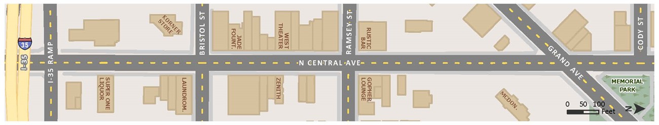 A map showing the streets and building outlines on both sides of Central Avenue between I-35 and Grand Avenue. This was used during the Spirit Valley Strolls.